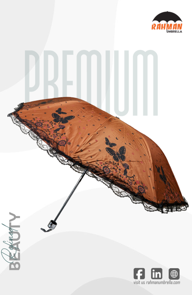 Rahman Elegant Copper Orange Butterfly Print with Lace Border Umbrella