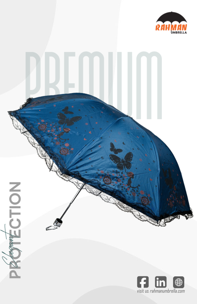 Rahman Blue Butterfly Print Umbrella with Lace Border Umbrella